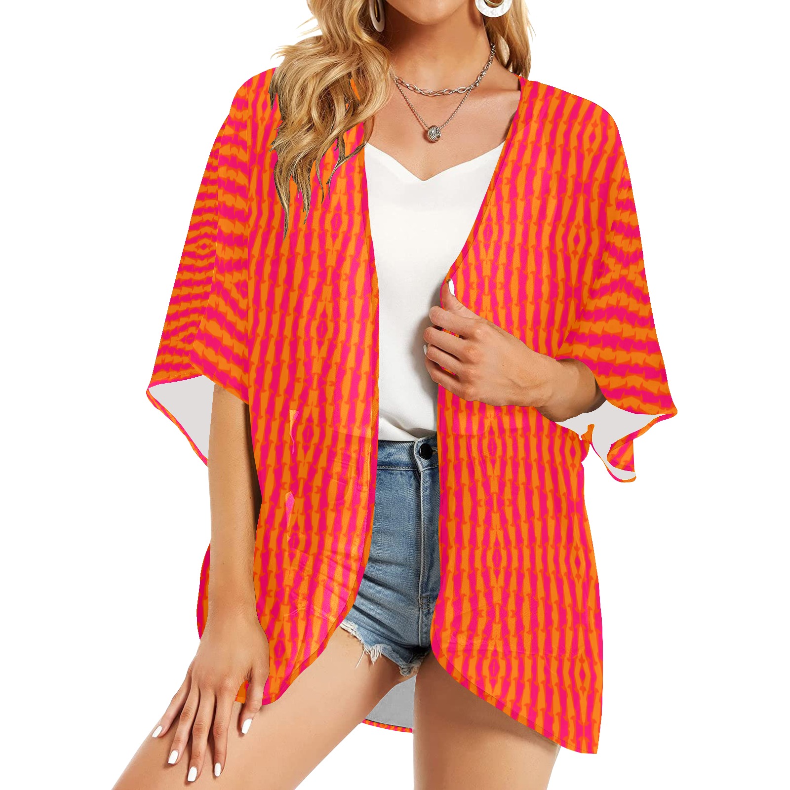 Bohemian ornamental hot pink & orange Women's Kimono Chiffon Cover Ups (Model H51)