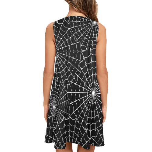 Halloween Spiderwebs - White on Black Sleeveless A-Line Pocket Dress (Model D57)