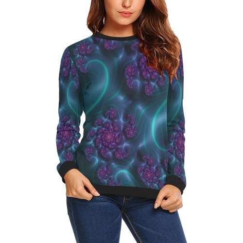 Turquoise and Purple Flowers and Seedheads Fractal Abstract All Over Print Crewneck Sweatshirt for Women (Model H18)