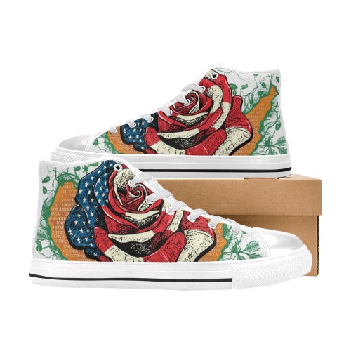 American Flag Rose Flowers Floral USA Independence Day Women's Classic High Top Canvas Shoes (Model 017)