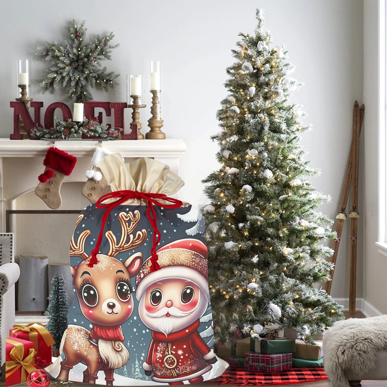 Santa and Reindeer 3 Pack Santa Claus Drawstring Bags (Two Sides Printing)