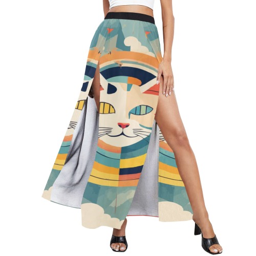 Magical cat face. Rings and circles abstract art. High Slit Long Beach Dress (Model S40)