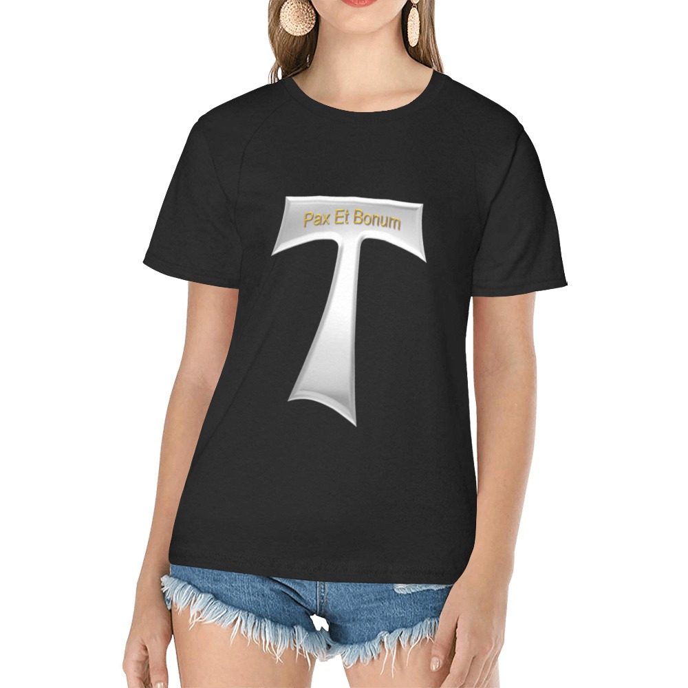 Franciscan Tau Cross Pax Et Bonum Silver Metallic Women's Raglan T-Shirt/Front Printing (Model T62)