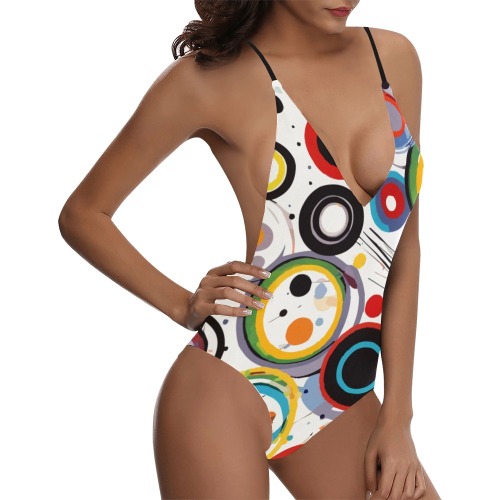 Beautiful abstrac art of circles, dots, lines. Sexy Lacing Backless One-Piece Swimsuit (Model S10)