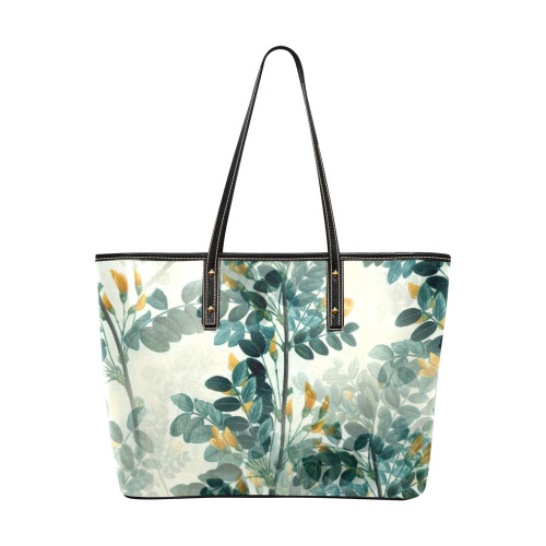 Vintage Yellow Floral Leaf Branch Plant Chic Leather Tote Bag (Model 1709)