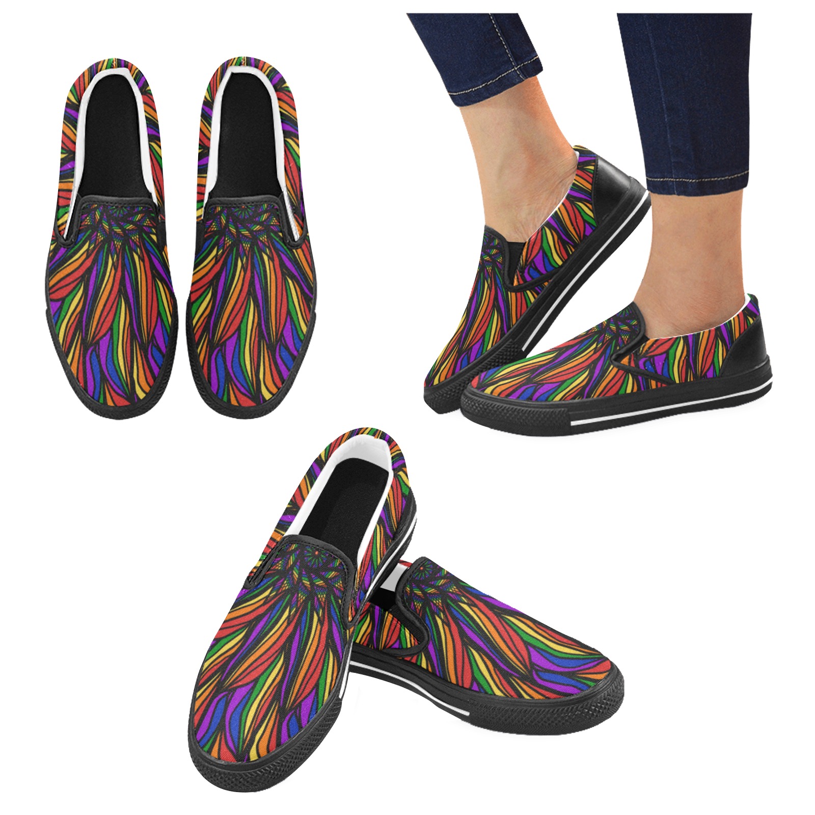 Ô Rainbow Feather Flower Mandala Women's Unusual Slip-on Canvas Shoes (Model 019)