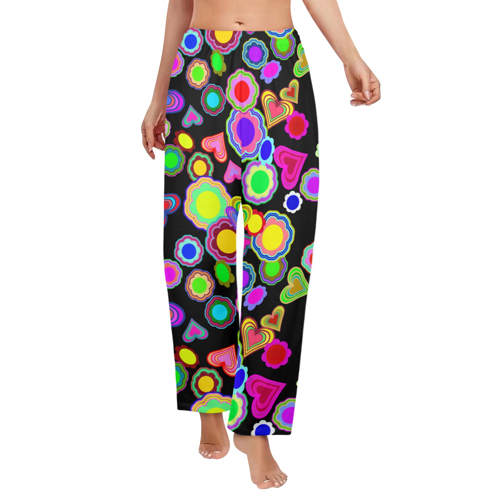 Groovy Hearts and Flowers Black Women's Pajama Trousers without Pockets