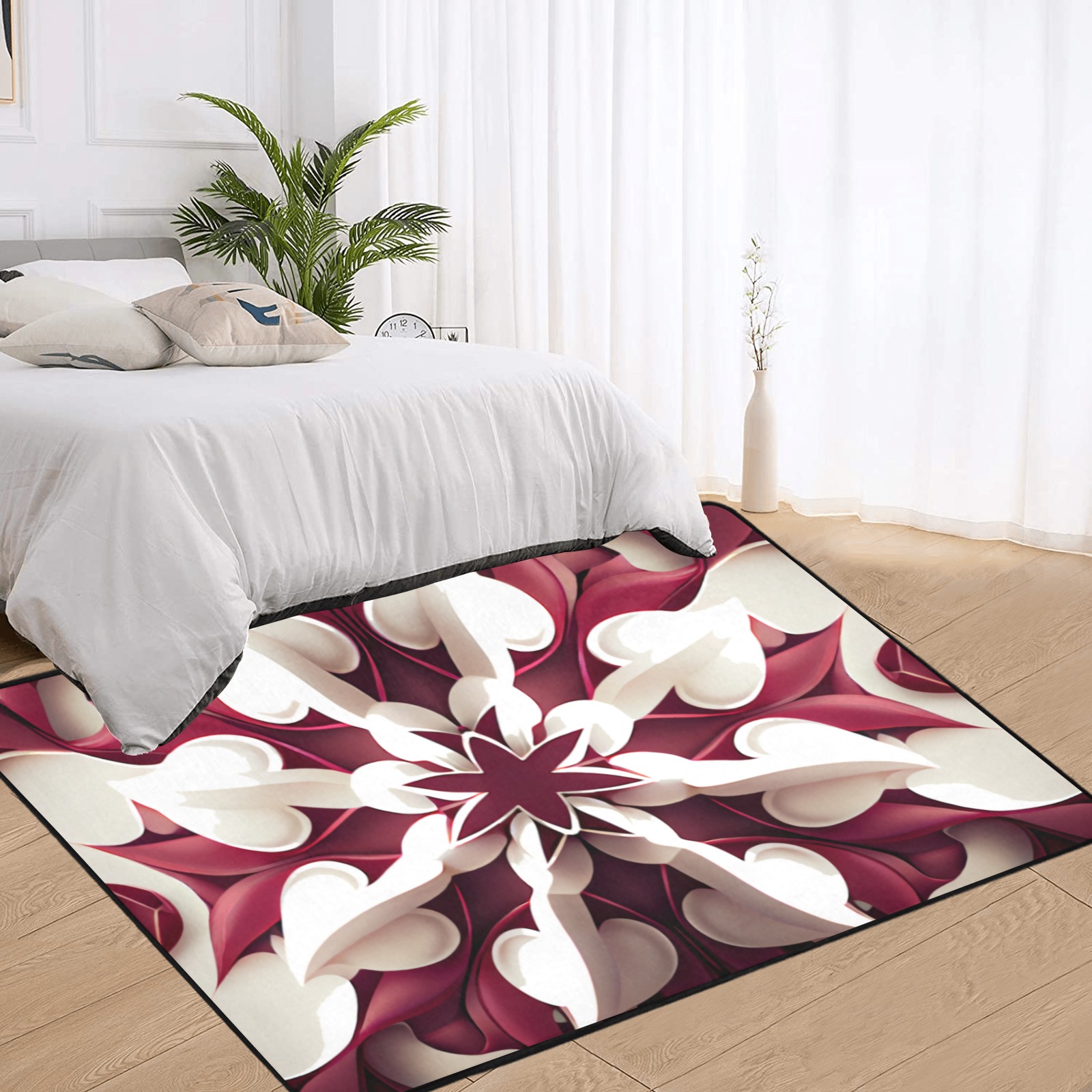 red and white floral pattern Area Rug with Black Binding 7'x5'