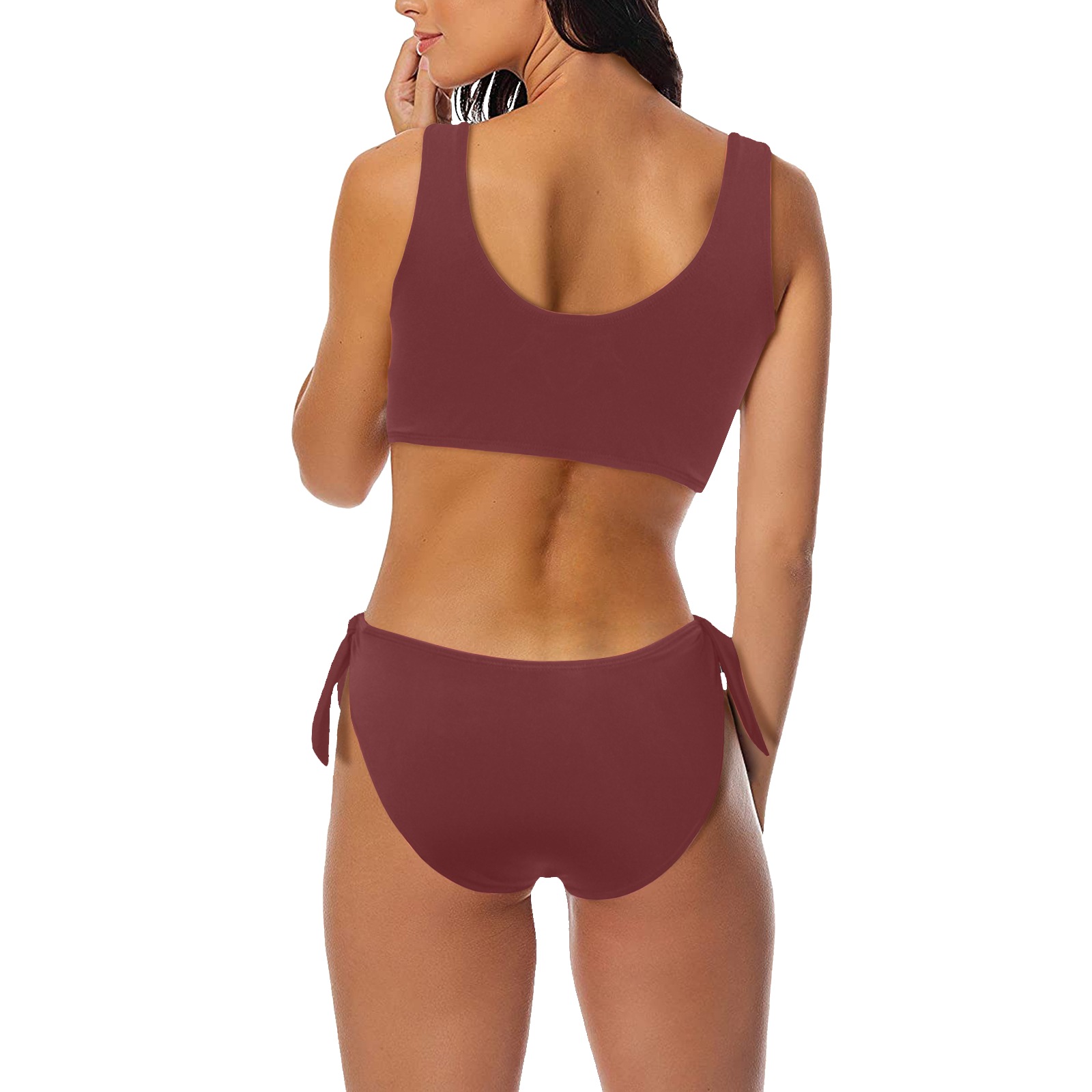 Daisy Woman's Swimwear Maroon Plain Bow Tie Front Bikini Swimsuit (Model S38)