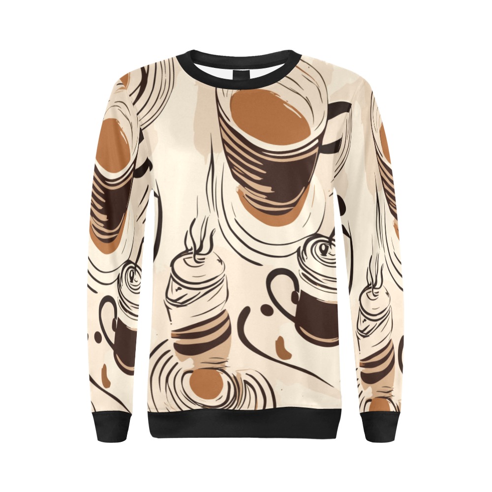 Cups of coffee and beans on a beige table chic art All Over Print Crewneck Sweatshirt for Women (Model H18)