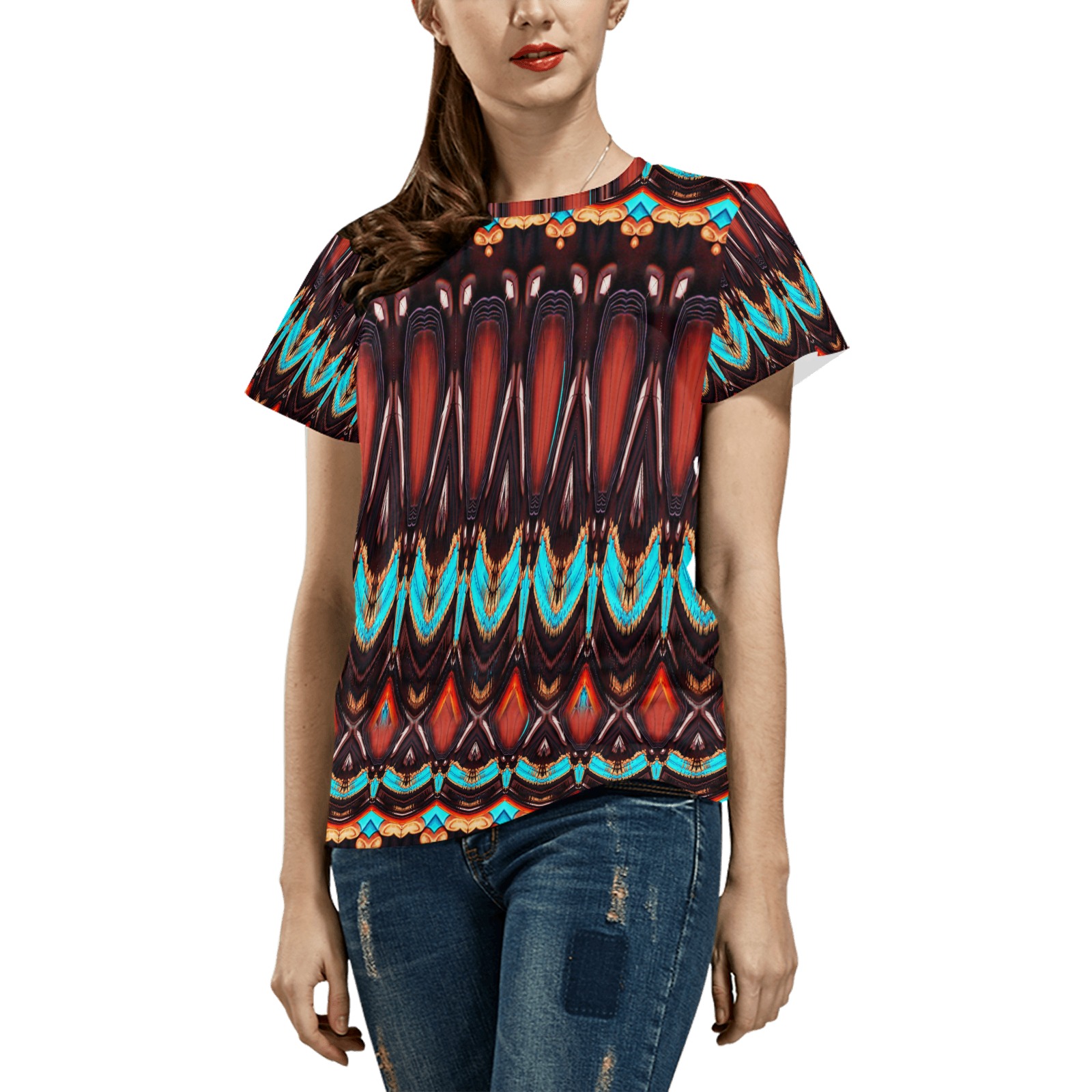 Wood and Turquoise Abstract All Over Print T-Shirt for Women (USA Size) (Model T40)