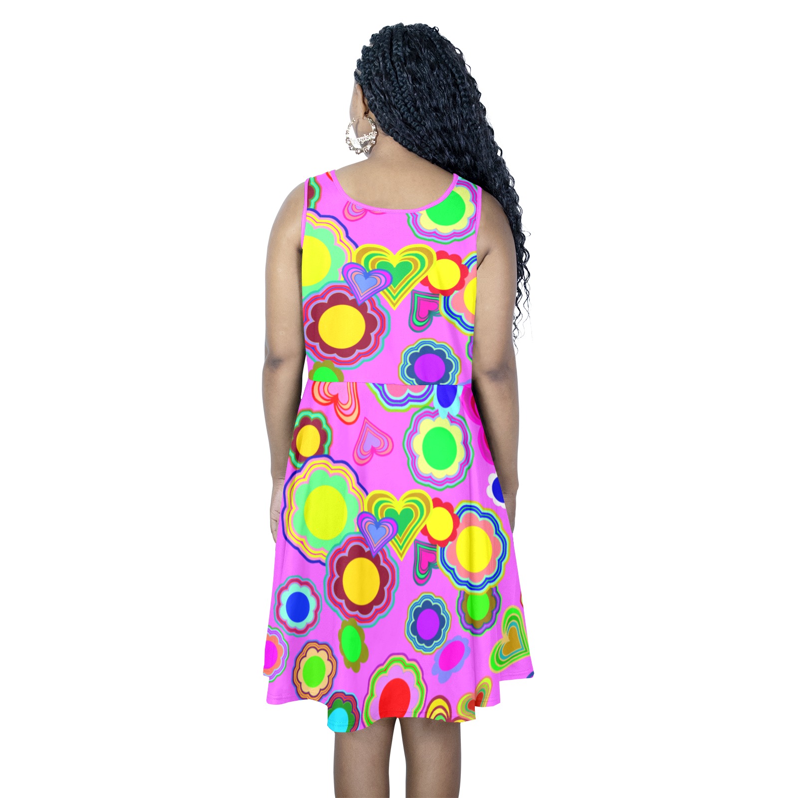 Groovy Hearts and Flowers Pink Sleeveless Expansion Dress (Model D60)