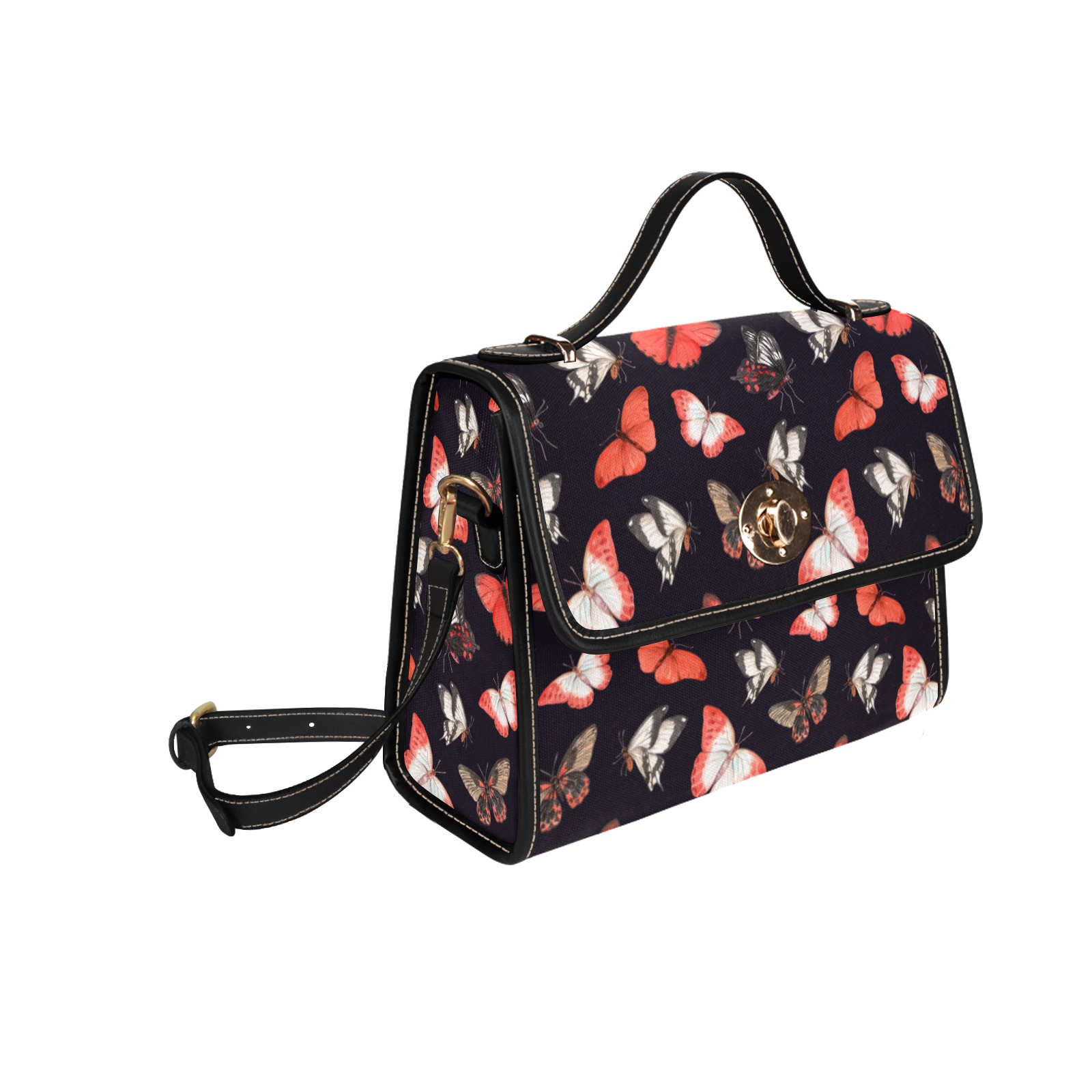 Red-Butterflies Waterproof Canvas Bag-Black (All Over Print) (Model 1641)