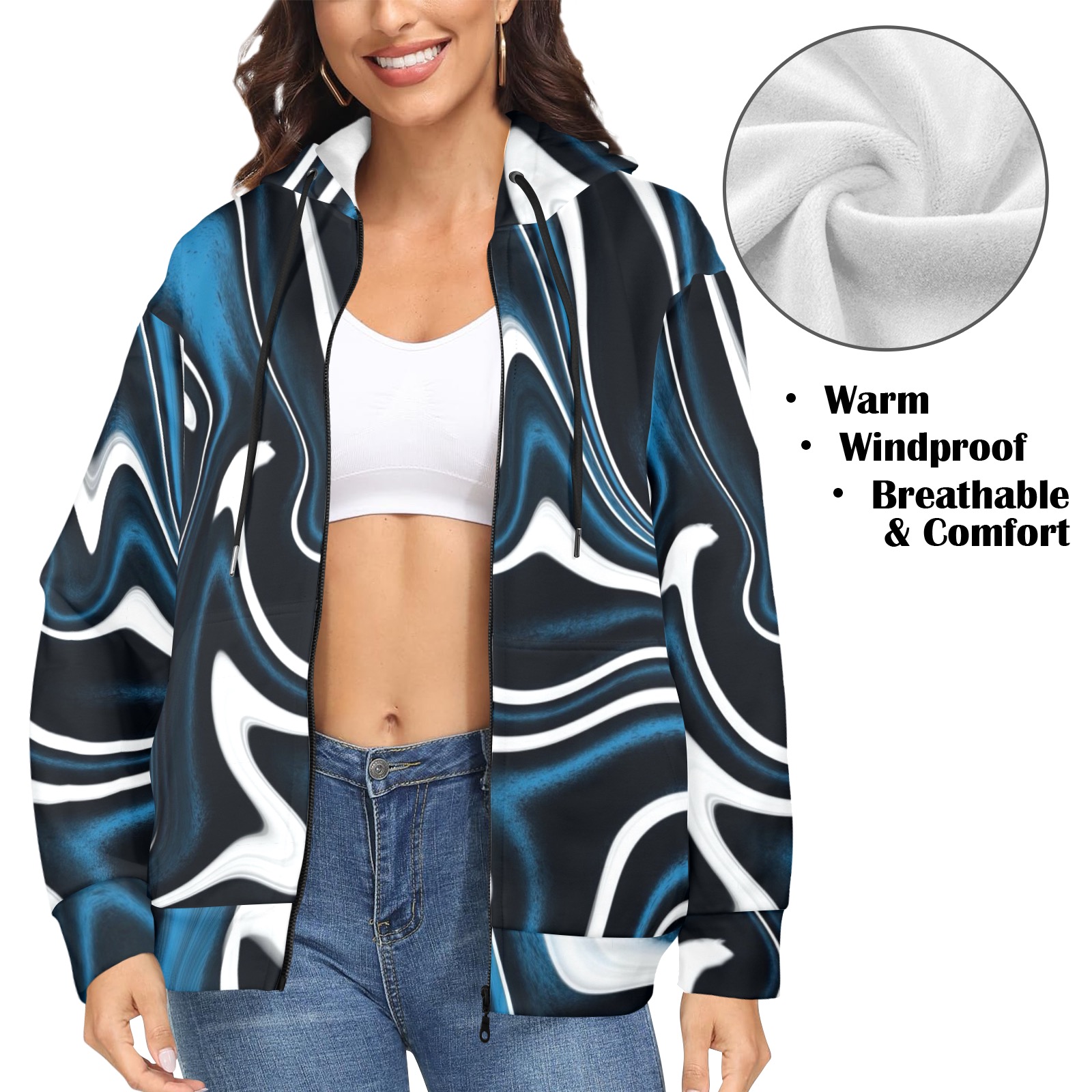 Blue, Black and White Estonia Swirls Women's Fleece Full-Zip Hoodie (Model H60)