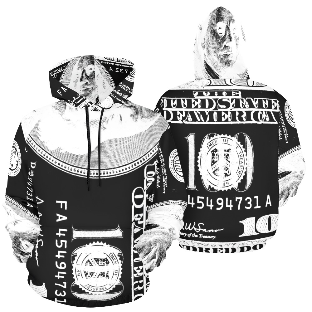 Ben Franklin US 100 Dollar Bill Negative Black n White All Over Print Hoodie for Men (USA Size) (Model H13)