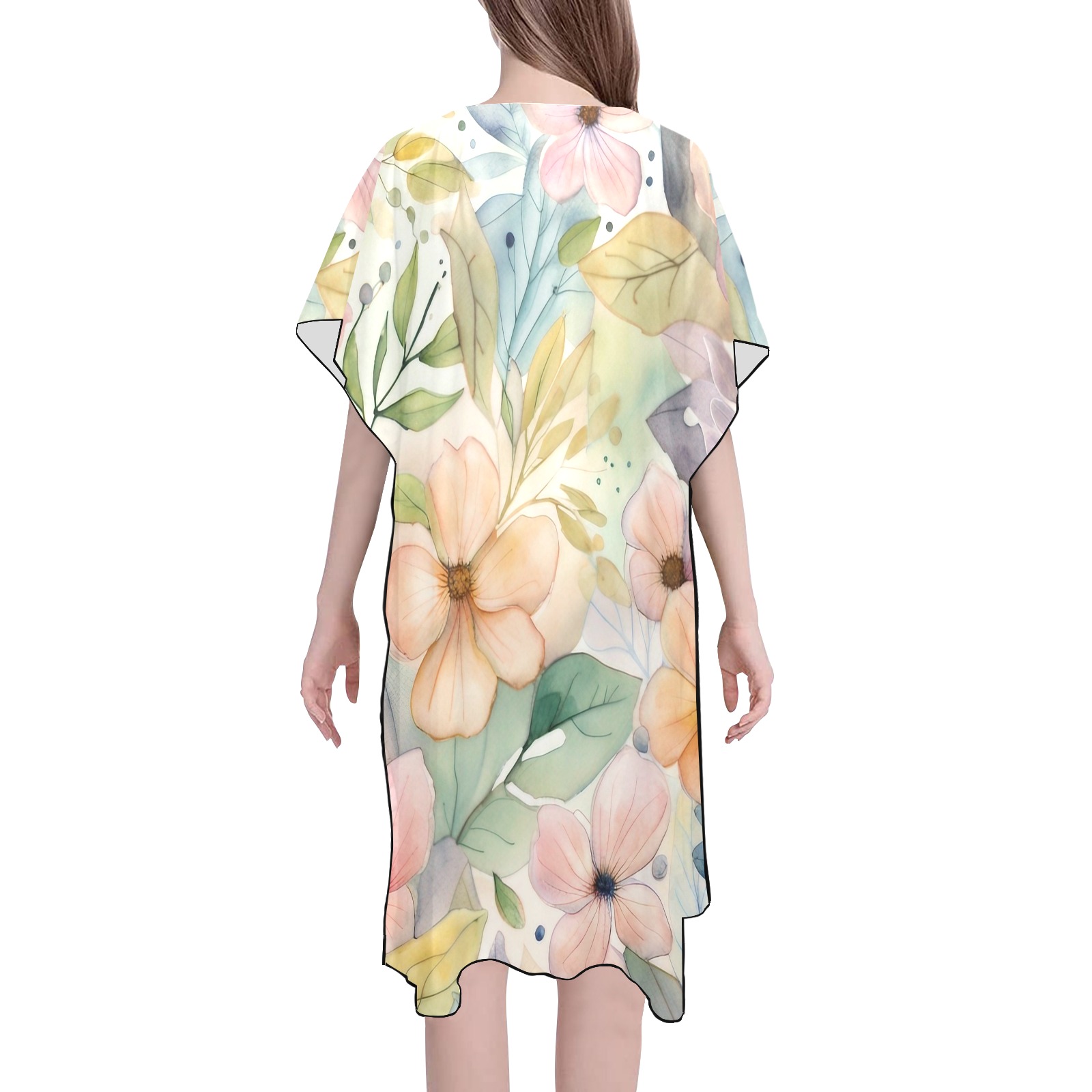 Watercolor Floral 1 Mid-Length Side Slits Chiffon Cover Ups (Model H50)
