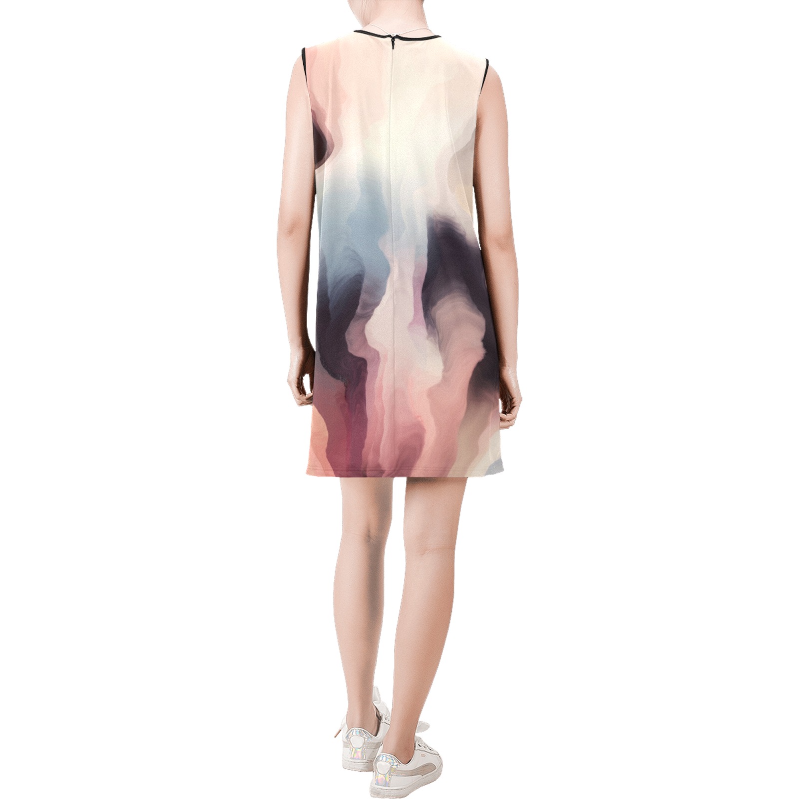 Digital liquid painting 23 Sleeveless Round Neck Shift Dress (Model D51)