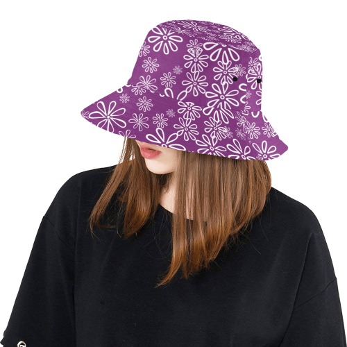 Fields of White Flowers on Purple All Over Print Bucket Hat