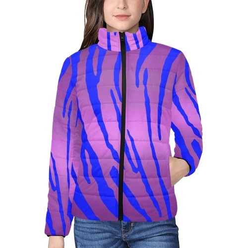 Metallic Tiger Stripes Pink Blue Women's Stand Collar Padded Jacket (Model H41)