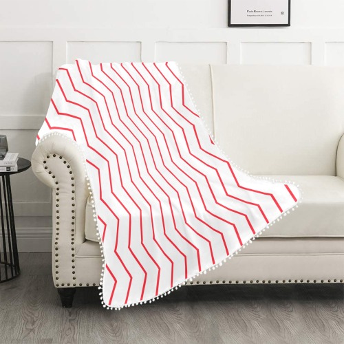 White red chevron vertical lines pattern Pom Pom Fringe Blanket 40"x50"