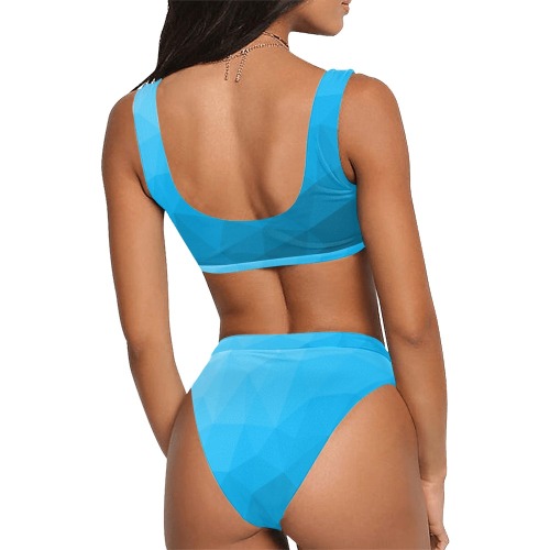 Cyan gradient geometric mesh pattern Sport Top & High-Waisted Bikini Swimsuit (Model S07)