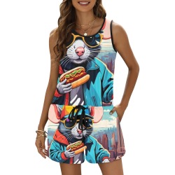 HOT DOG EATING NYC RAT 2 All Over Print Vest Short Jumpsuit