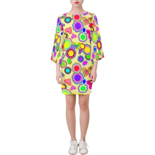 Groovy Hearts and Flowers Yellow Bell Sleeve Dress (Model D52)