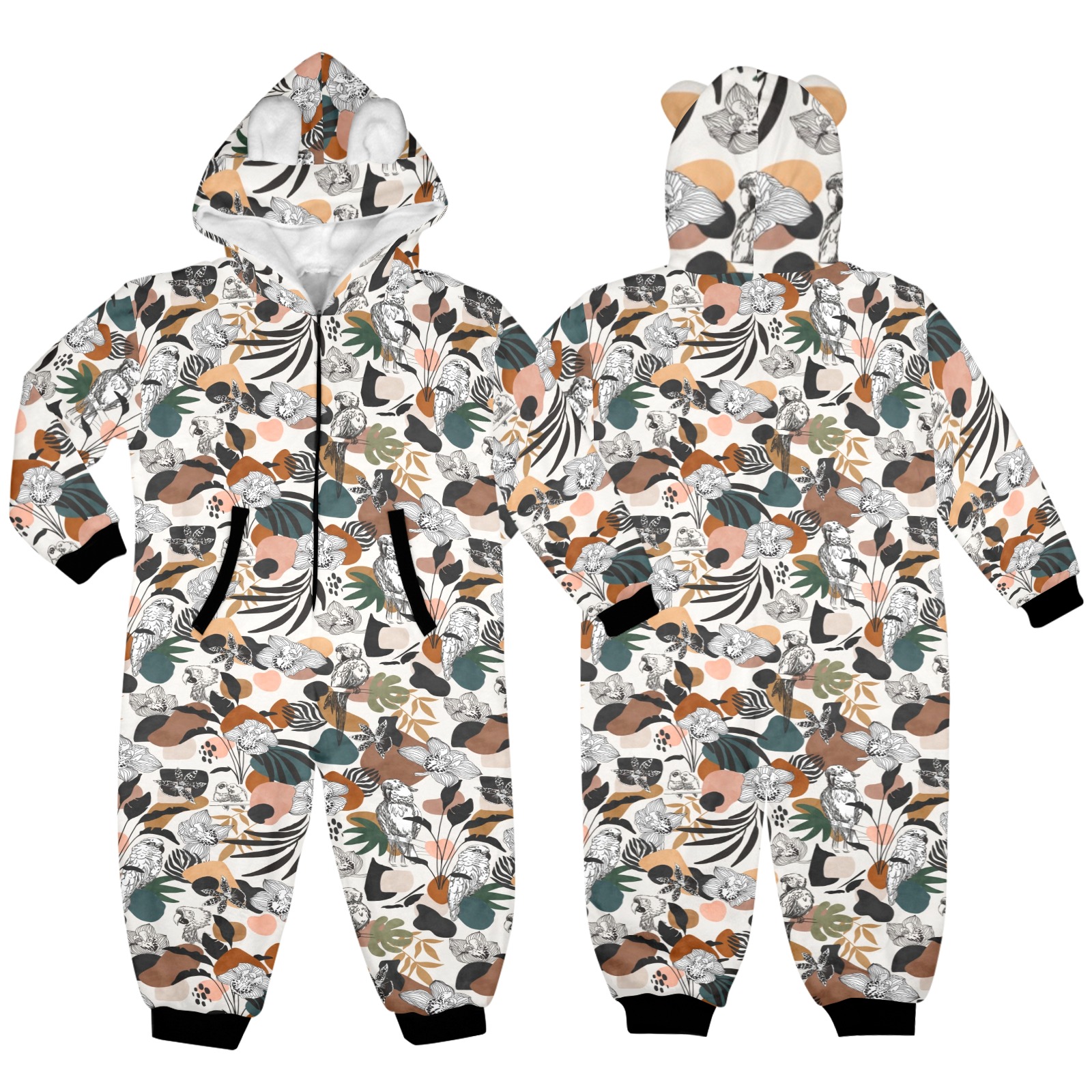 Abstract birds in the jungle 23F One-Piece Zip up Hooded Pajamas for Little Kids