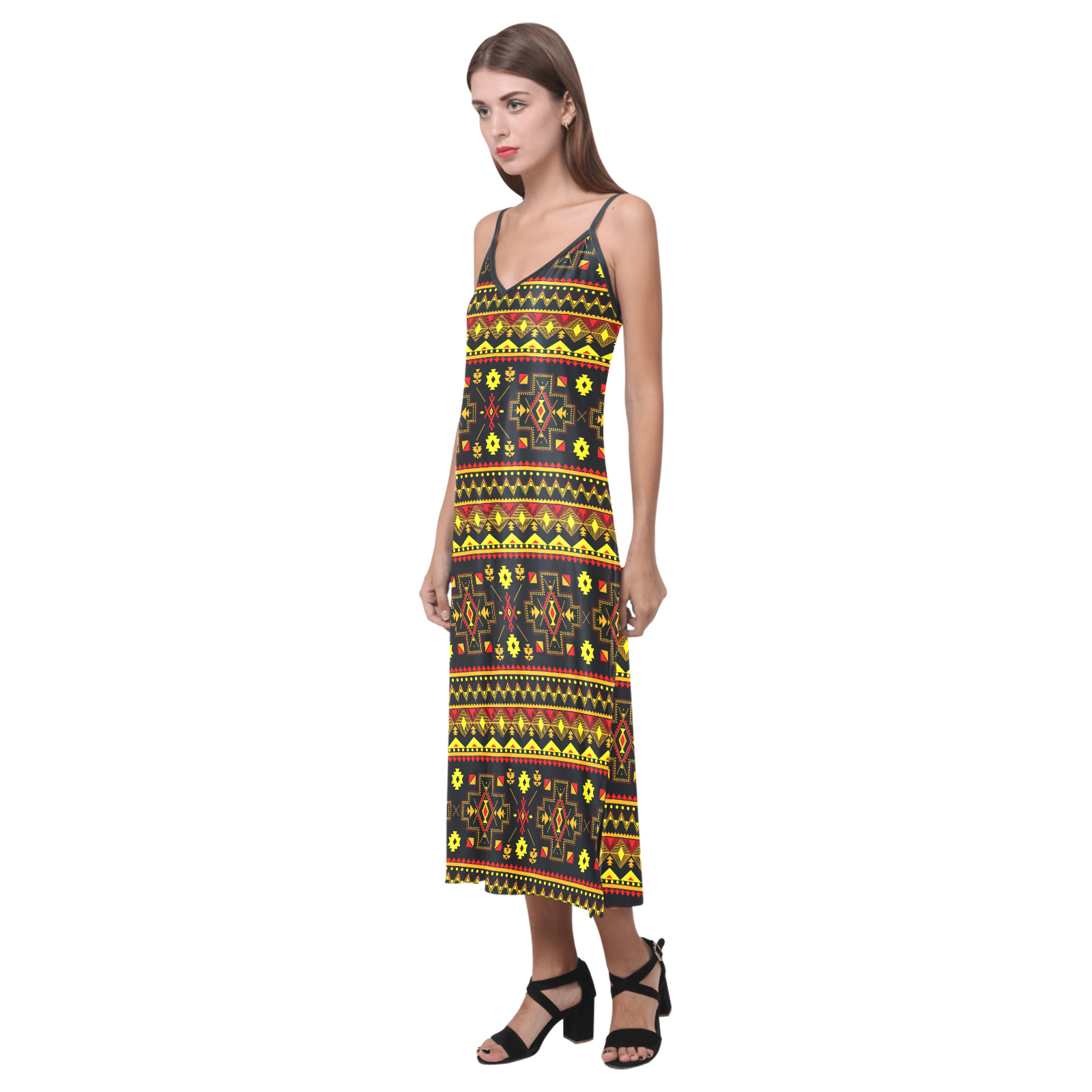 Aboriginal Ethnic Tribal Pattern V-Neck Open Fork Long Dress(Model D18)