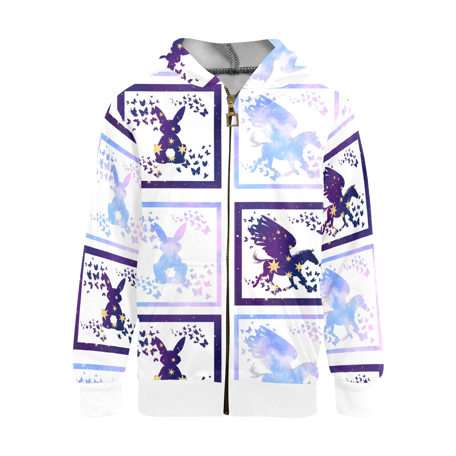 Bunny and Pegasus Together in Blue Patchwork Design Kids' All Over Print Full Zip Hoodie (Model H39)