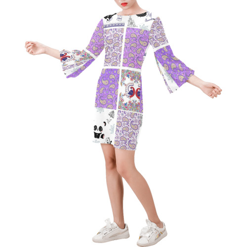 Purple Paisley Birds and Animals Patchwork Design Bell Sleeve Dress (Model D52)
