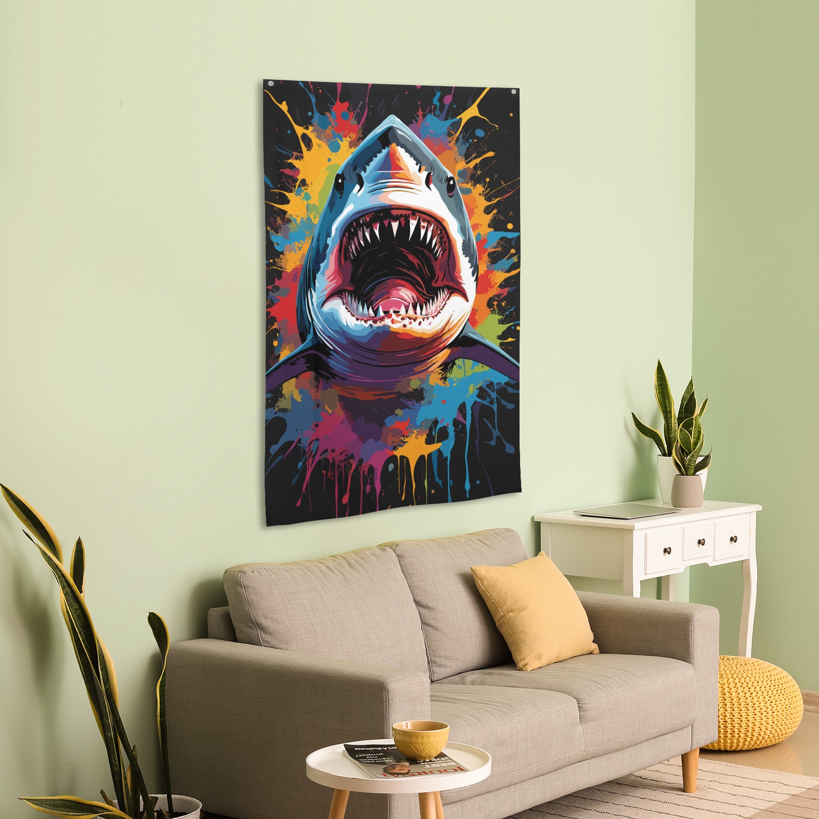 Shark attacks. Chic colorful fantasy art on dark House Flag 34.5"x56"