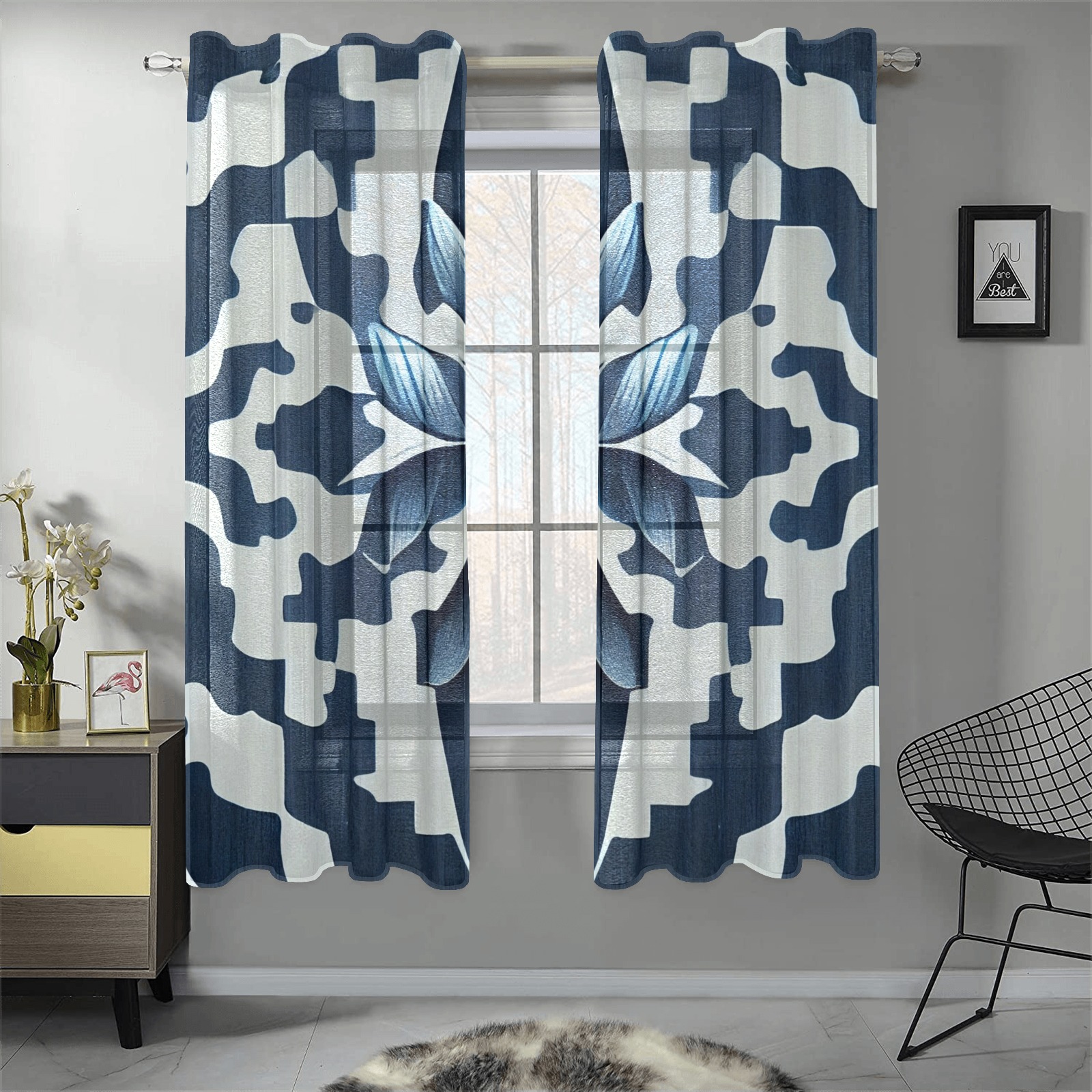 blue and white pattern 2 Gauze Curtain 28"x63" (Two-Piece)