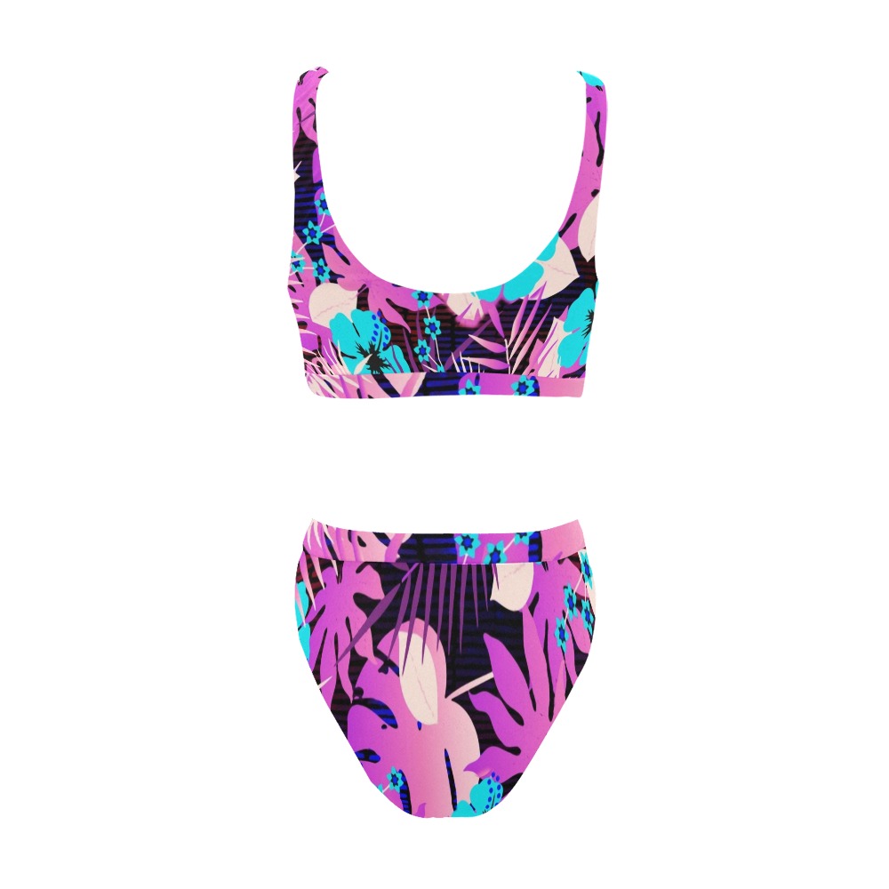 GROOVY FUNK THING FLORAL PURPLE Sport Top & High-Waisted Bikini Swimsuit (Model S07)
