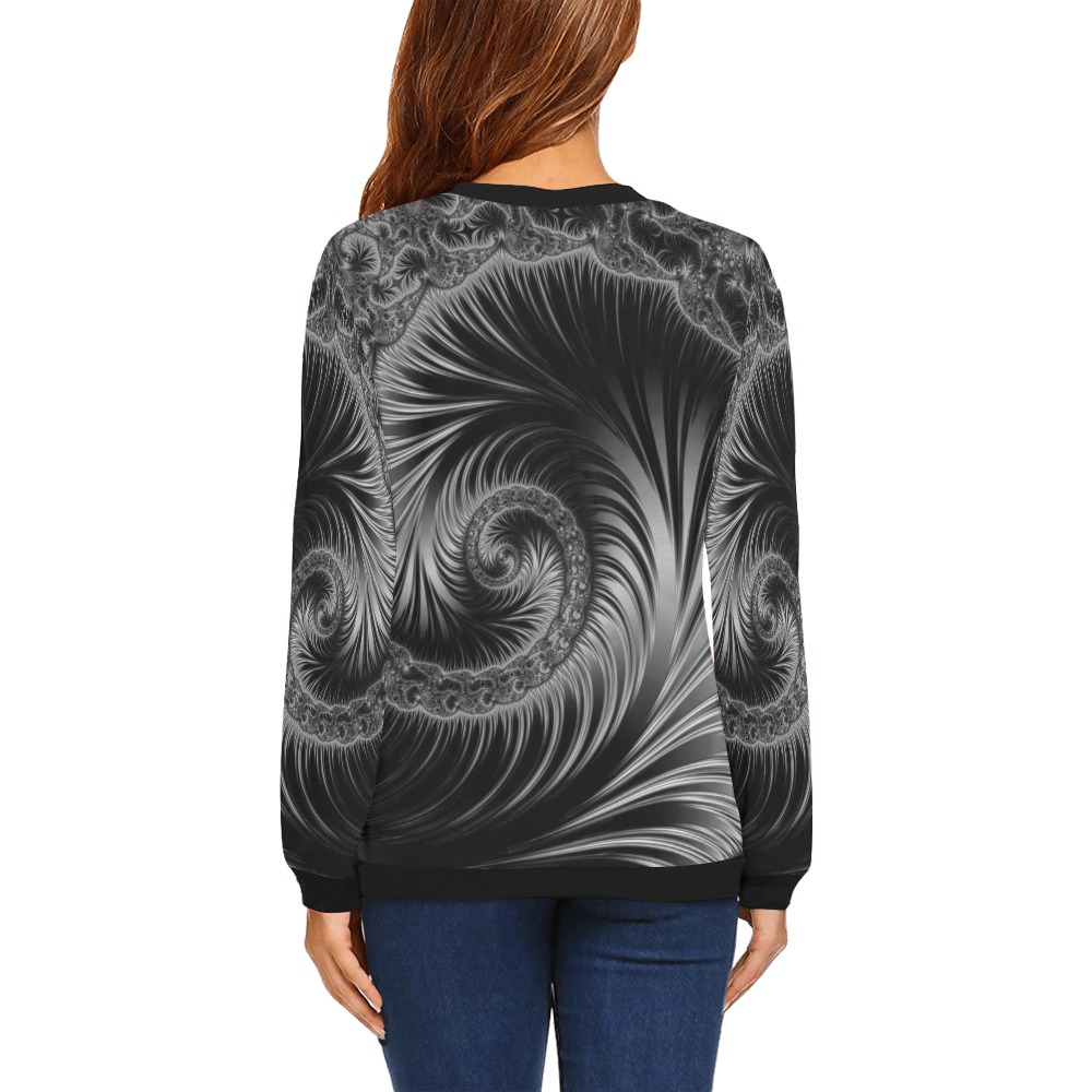 Black and Silver Spiral Fractal Abstract All Over Print Crewneck Sweatshirt for Women (Model H18)