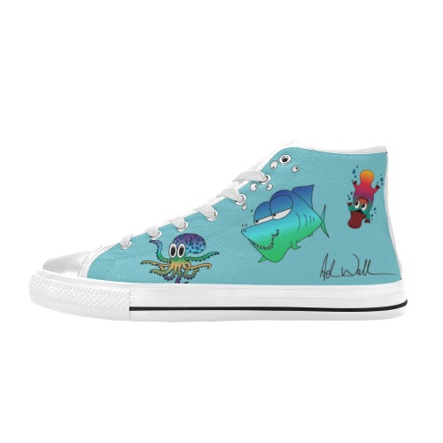 Women's Signed Adam Wallace Blue Shoes - Underwater Creatures! Women's Classic High Top Canvas Shoes (Model 017)