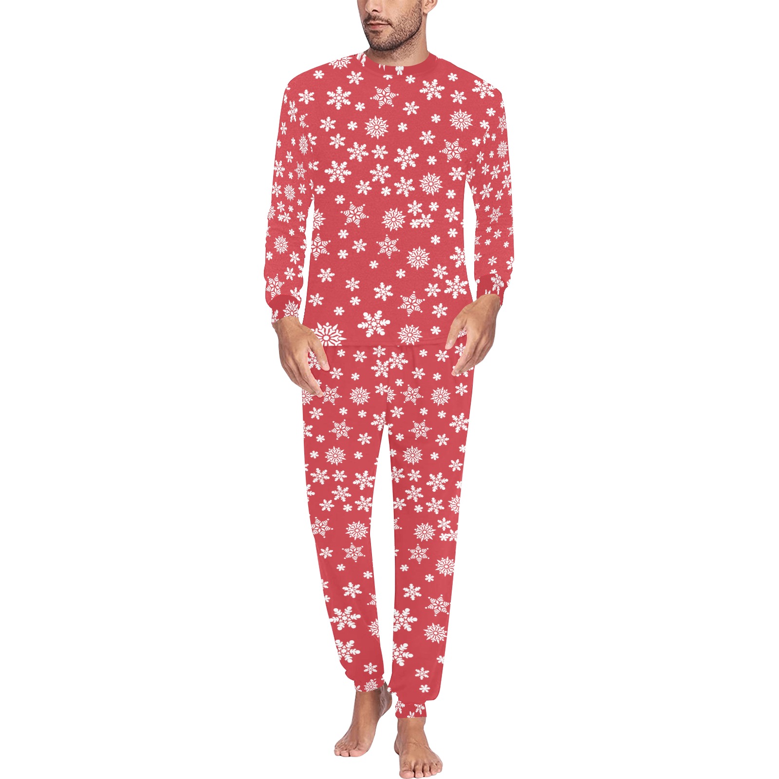 Christmas  White Snowflakes on Red Men's All Over Print Pajama Set with Custom Cuff
