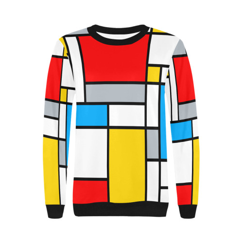 Mondrian Style Color Composition Geometric Retro Art Women's Rib Cuff Crew Neck Sweatshirt (Model H34)