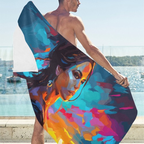A beautiful woman by the sea at sunset art. Beach Towel 32"x 71"