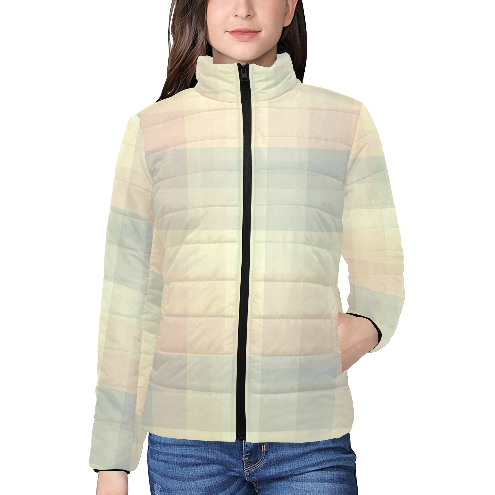 Candy Sweet Pastel Pattern Checkers Women's Stand Collar Padded Jacket (Model H41)