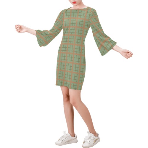 sage and brown Bell Sleeve Dress (Model D52)