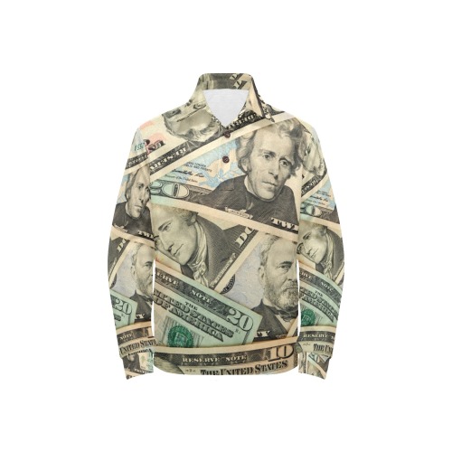 US PAPER CURRENCY Big Girls' All Over Print Long Sleeve Polo Shirt (Model T73)