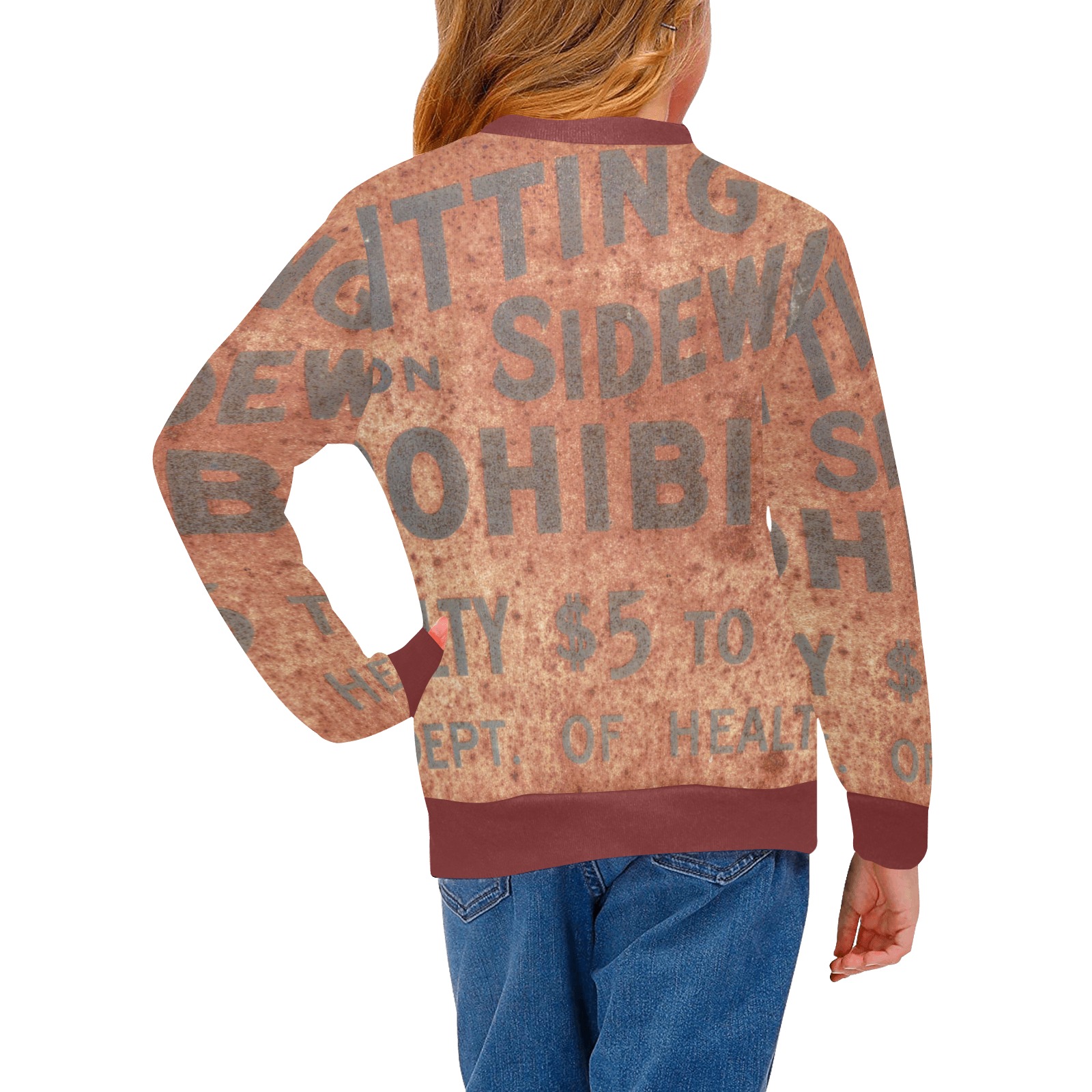 Spitting prohibited, penalty, photo Girls' All Over Print Crew Neck Sweater (Model H49)