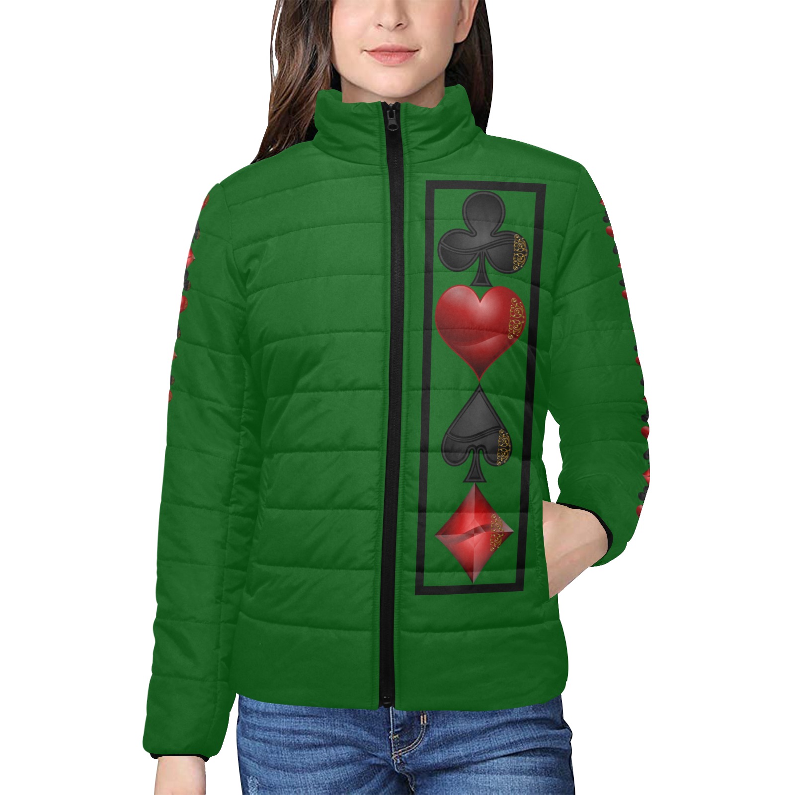 Black and Red Playing Card Shapes / Green Women's Stand Collar Padded Jacket (Model H41)