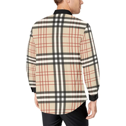 Tan and black plaid Color Block Long Sleeve Button Down Shirt Men's All Over Print Casual Dress Shirt (Model T61)