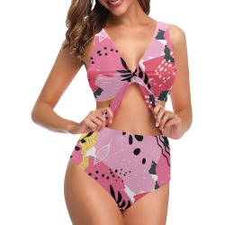 Abstract Floral Pink Chest Bowknot Bikini Swimsuit (Model S33)