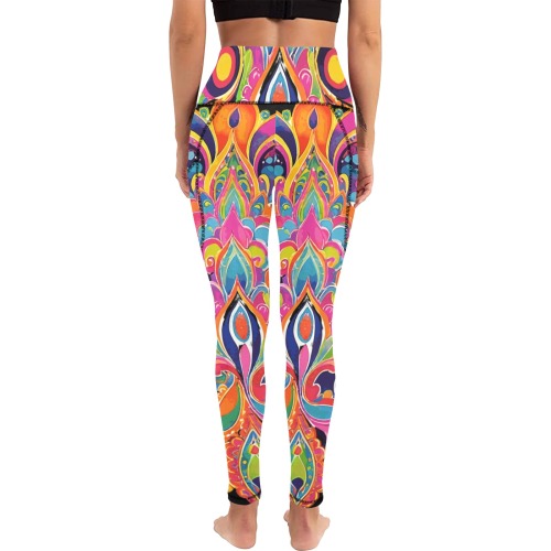 Abstract Retro Hippie Paisley Floral Women's All Over Print Leggings with Pockets (Model L56)
