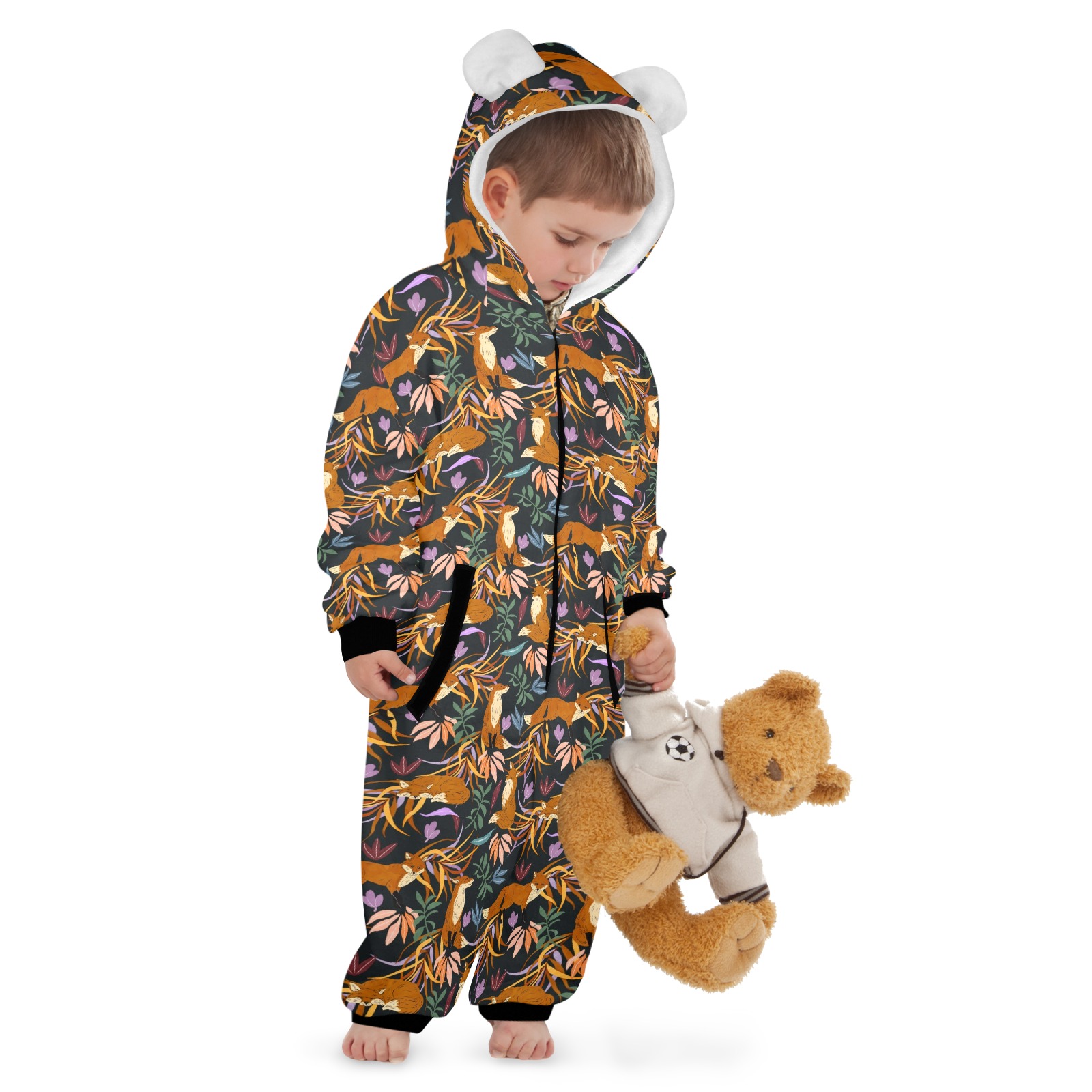 Nice foxes on the colorful plants One-Piece Zip up Hooded Pajamas for Little Kids