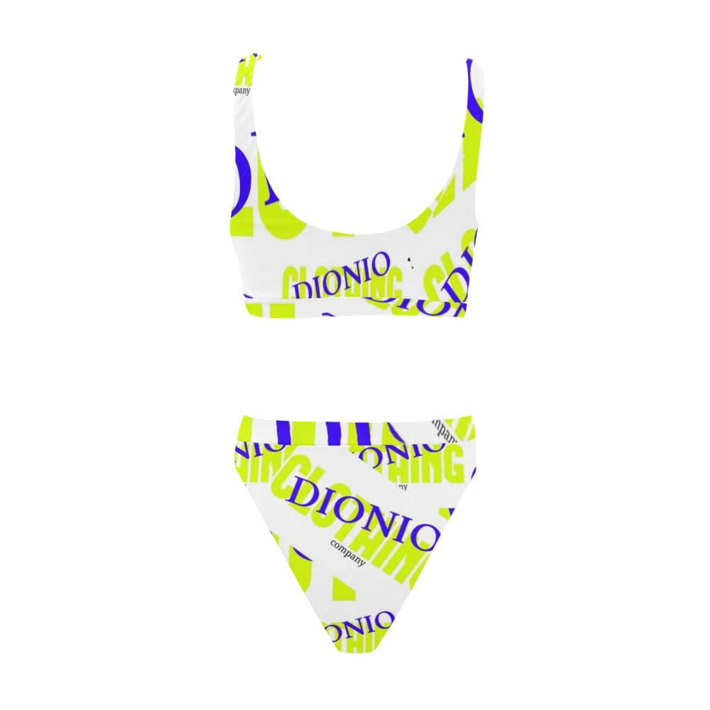 DIONIO Clothing - Company Sport Top High Waisted Bikini Swimsuit (White , Blue & Yellow) Sport Top & High-Waisted Bikini Swimsuit (Model S07)