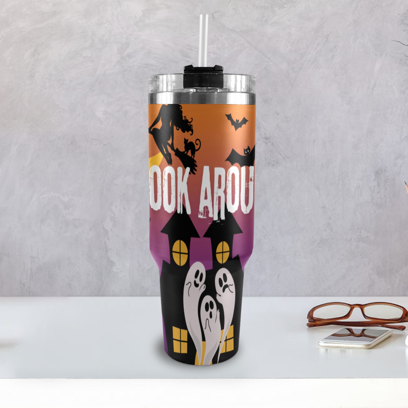 Halloween Tumbler Spook Around & Find Out 40oz Tumbler with Black Handle